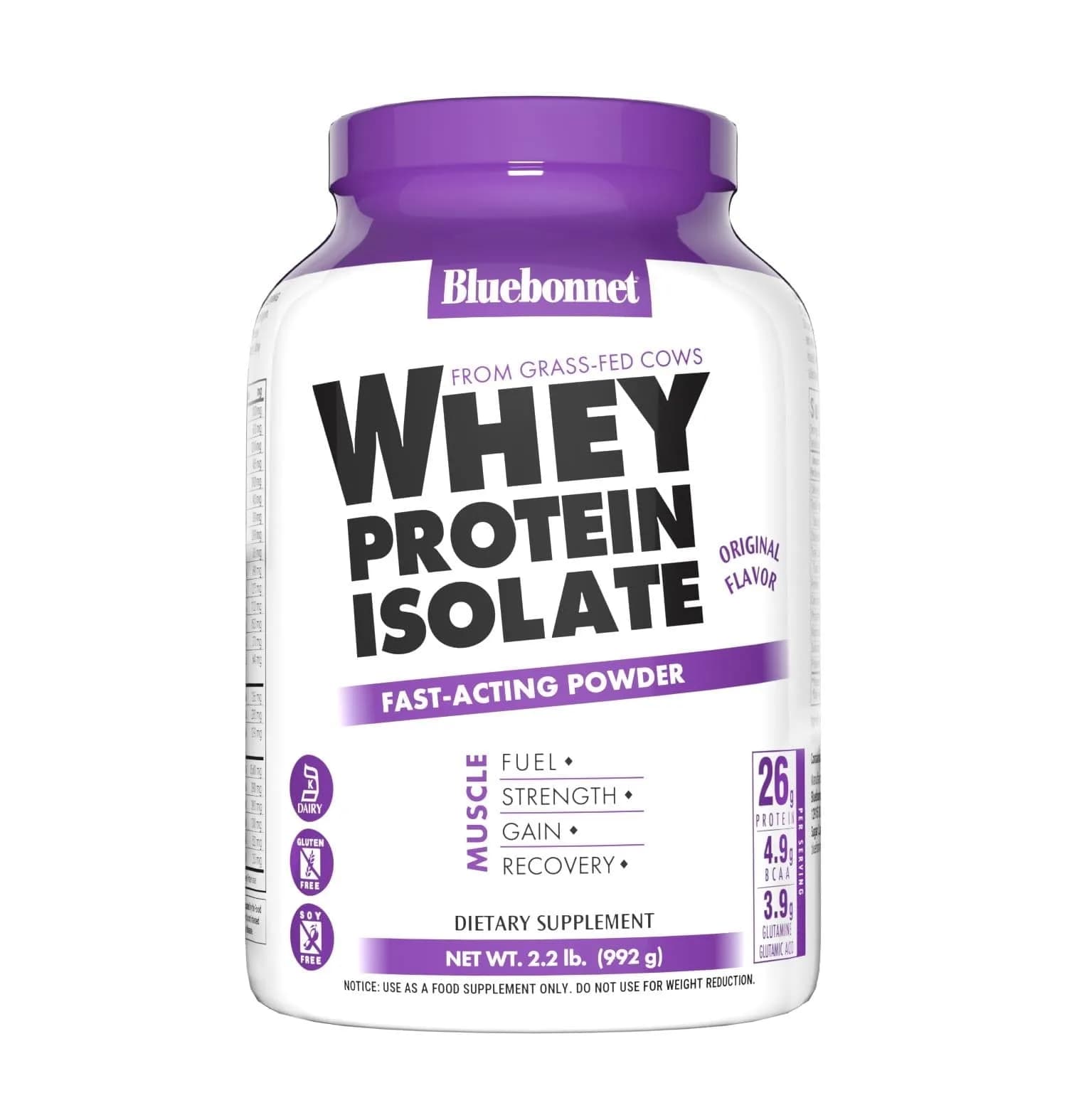 Bluebonnet Whey Protein Isolate Powder, Grass-Fed, No Sugar Added, 2.2 lb