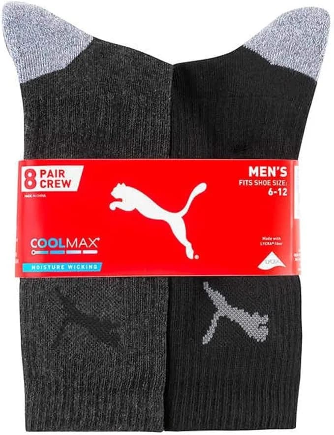 Puma Men's Crew Sock, 8 pair (Black) Fits Shoe Size (6-12)
