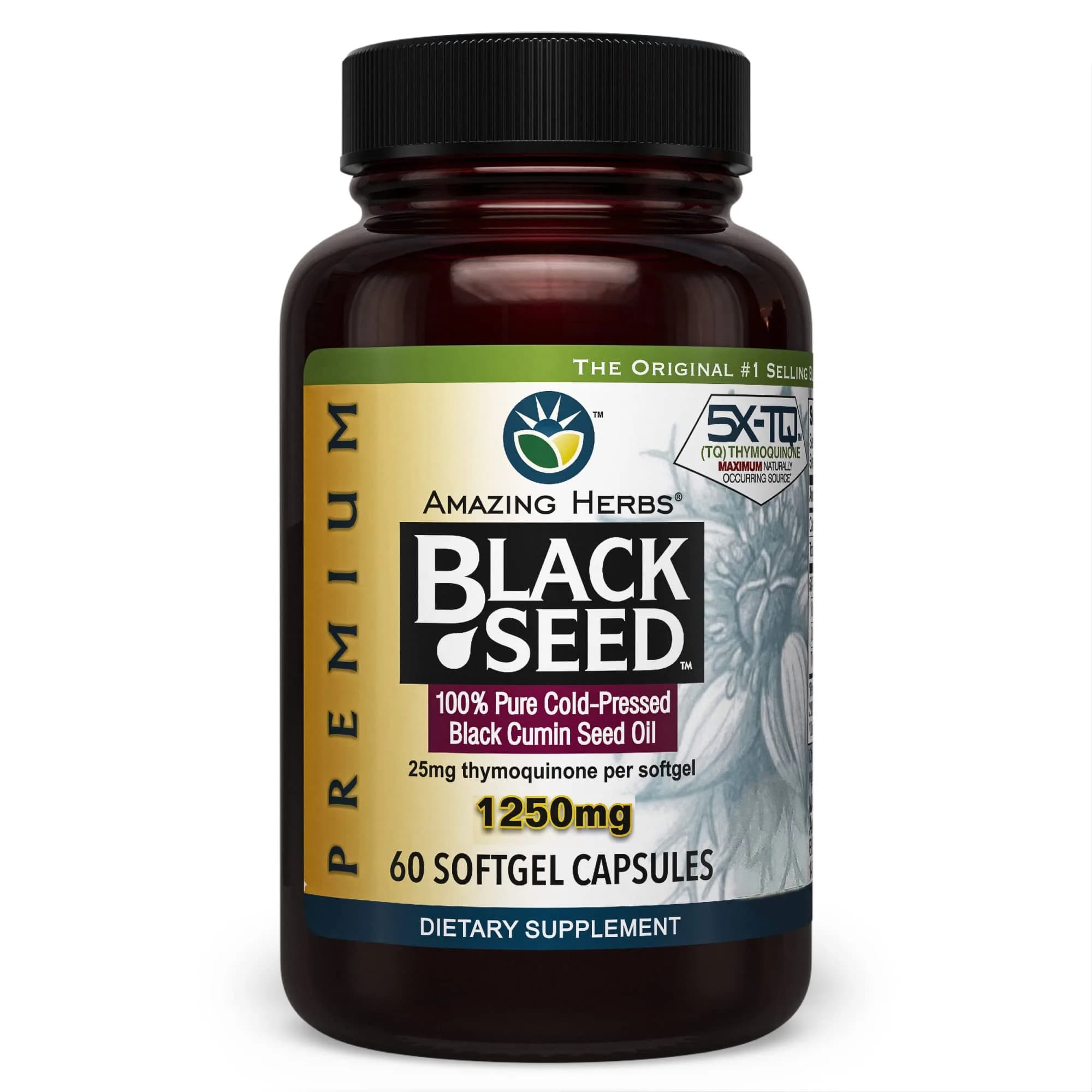 Amazing Herbs Premium Black Seed Oil Capsules, High Potency 1250mg, 60 Count