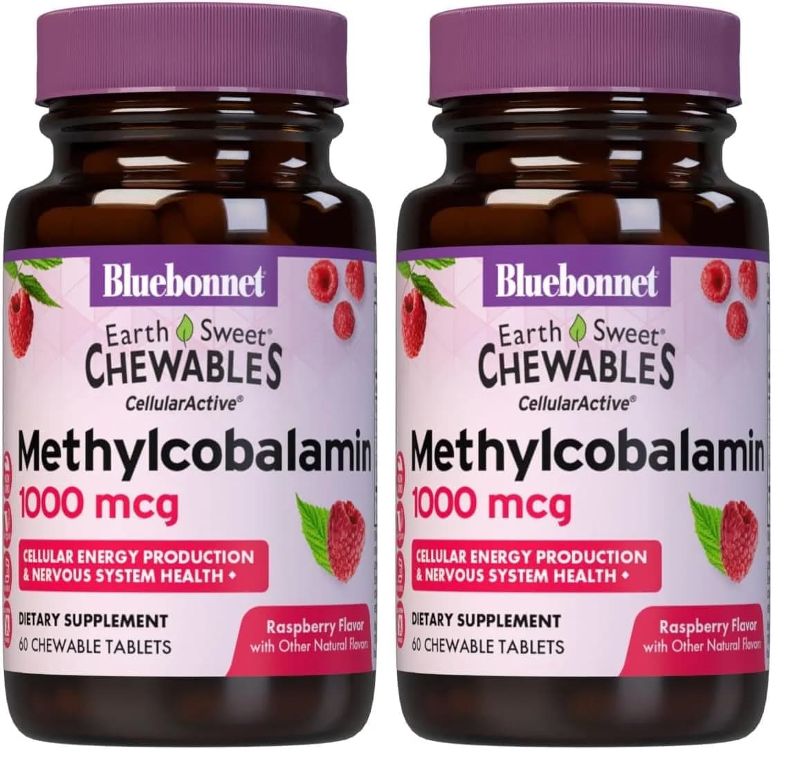 Bluebonnet EarthSweet Methylcobalamin B12 1,000 mcg, Raspberry, 60 Chewables (Pack of 2)