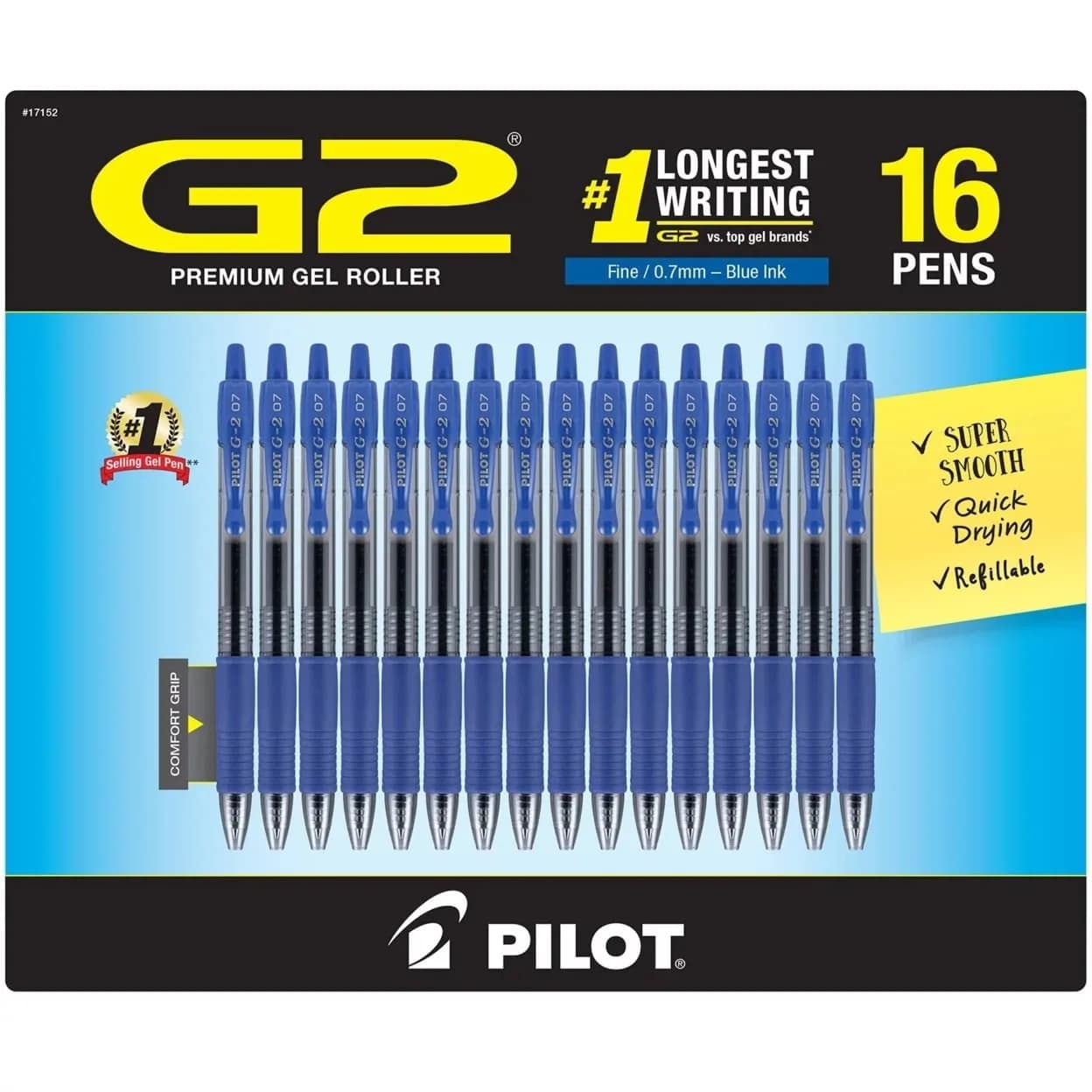 Pilot G2 Retractable Gel Roller Pens, Fine Point, Blue Ink, 16-Pack