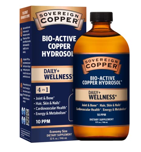 Sovereign Copper Bio-Active Copper Hydrosol, Daily+ 4-in-1 Wellness Supplement for Joint and Bone*, Hair, Skin and Nails*, Cardiovascular Health* and Energy and Metabolism Support*, 32oz.